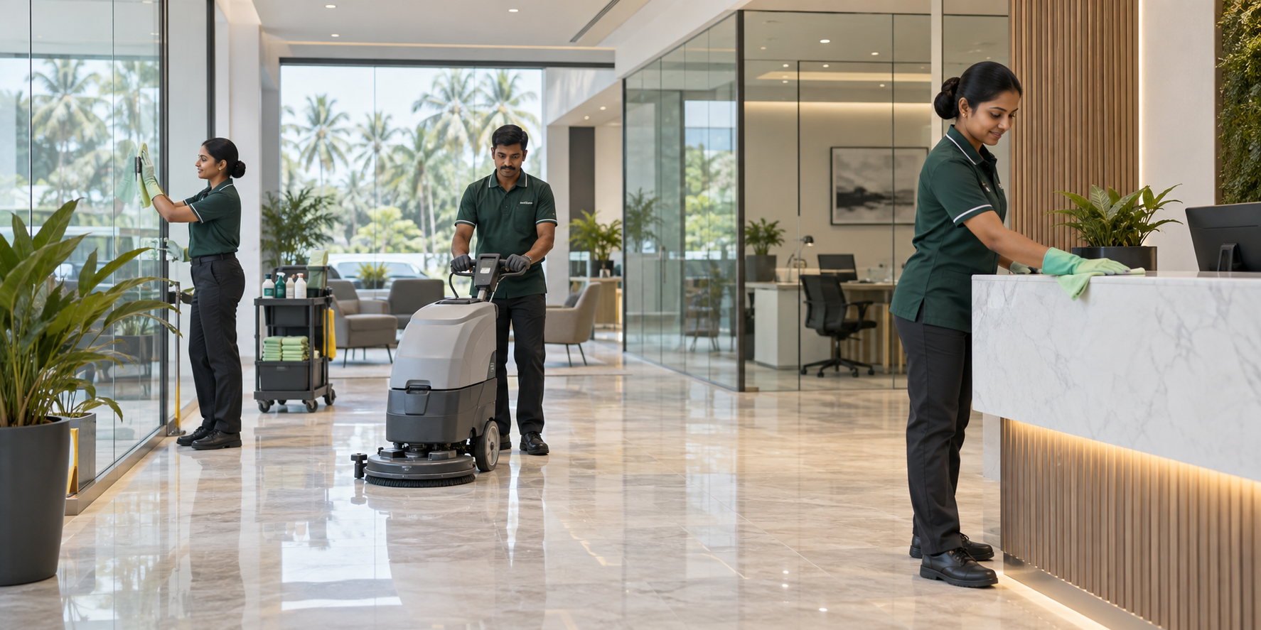 Professional Acton OS cleaning team working in a modern office and showroom space